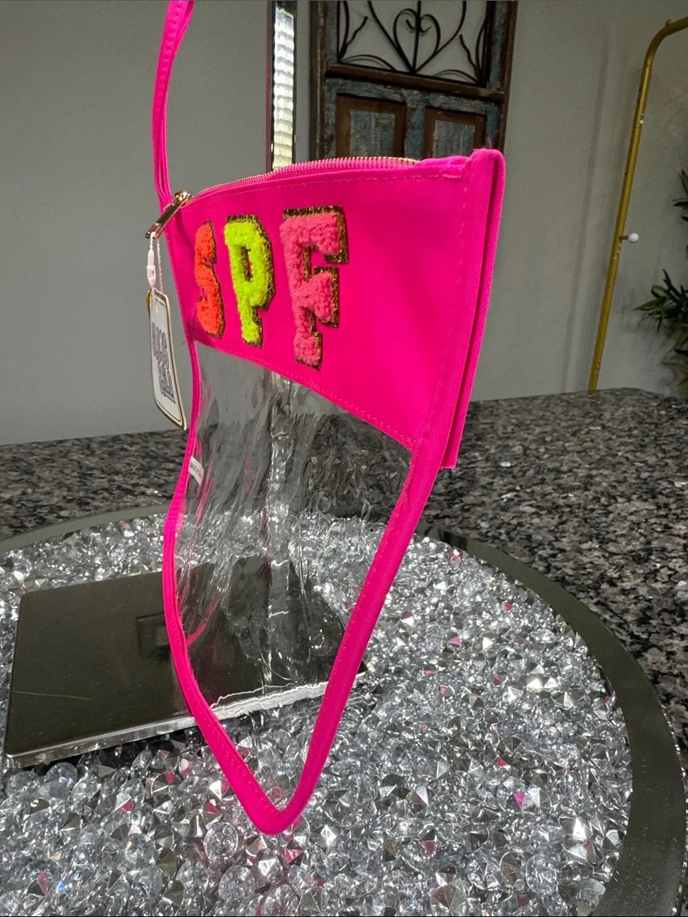 Neon Pink 'SPF' Clear  large Wristlet Cosmetic Pouch NWT